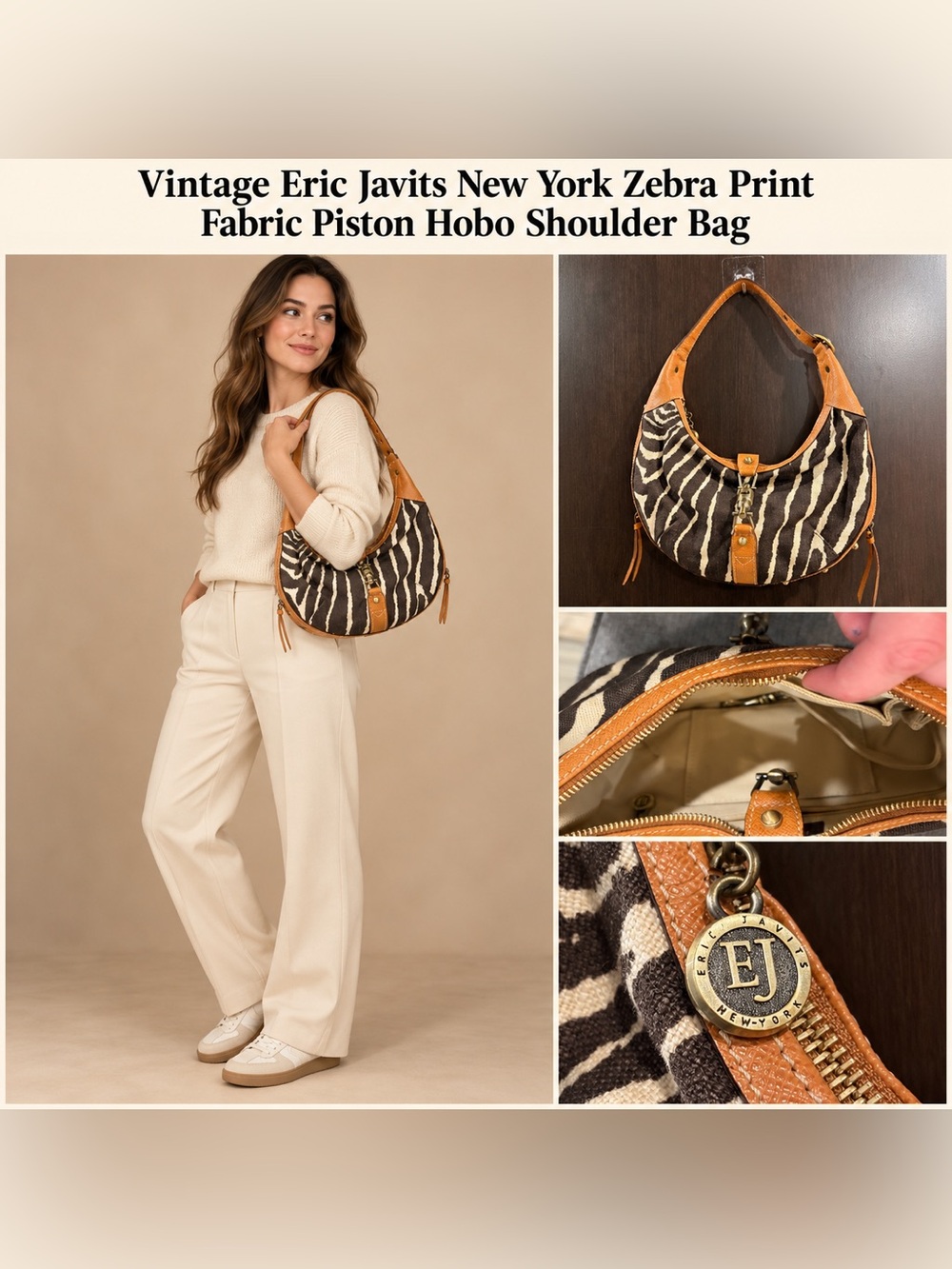 Eric Javits Zebra Print Hobo Bag in Brown and Cream with Tan Trim
